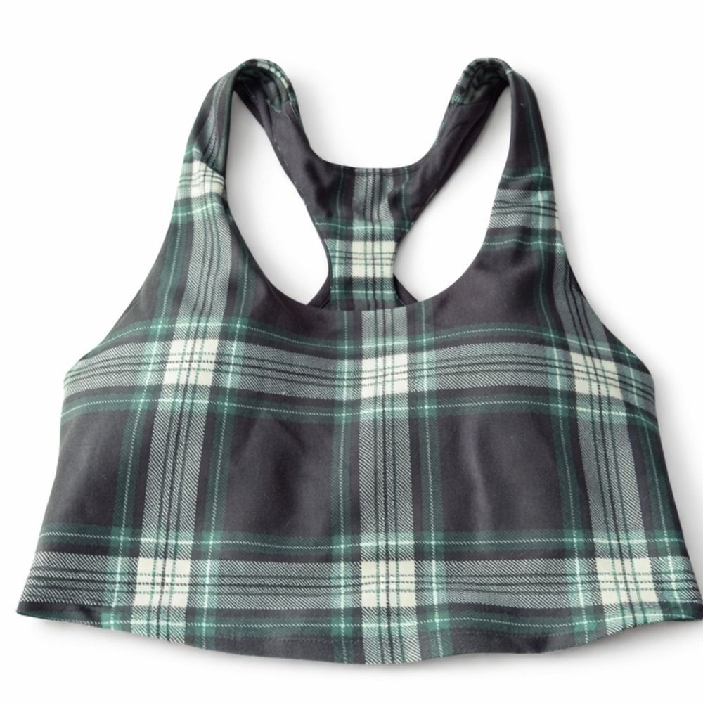Gilly Hicks XS Plaid Racerback Sports Bra Green Black Low Medium Impact